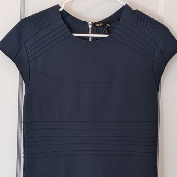 Maje H13 Darling Paneled Cap Sleeve Dress in Navy Blue - Picture 2 of 12